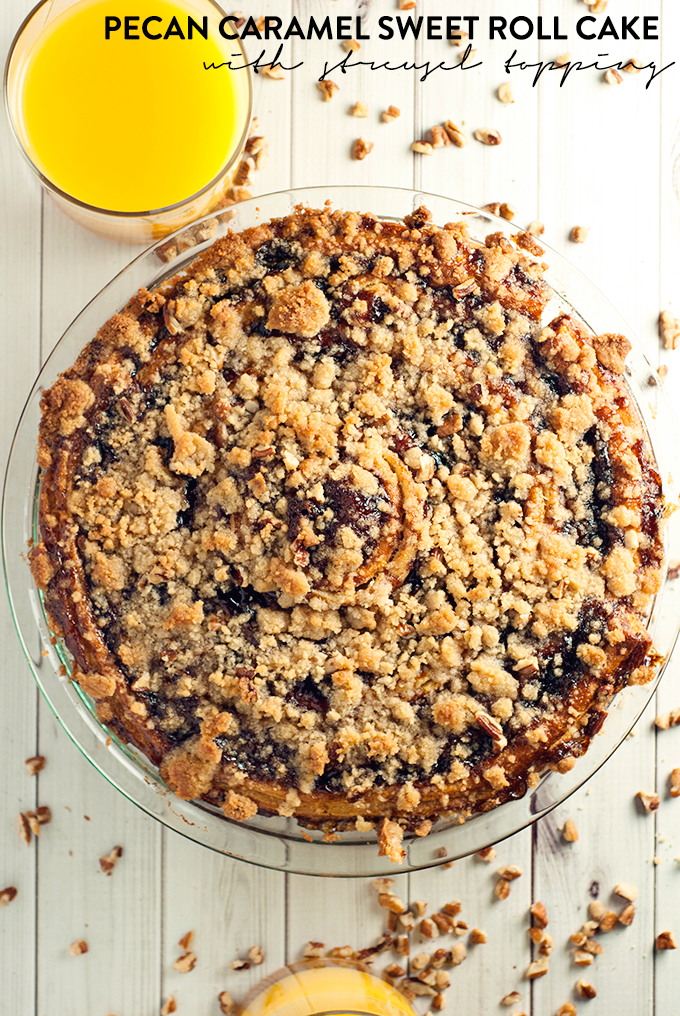 Breakfast just got a whole lot better with this amazing Pecan Caramel Sweet Roll Cake with Streusel Topping!