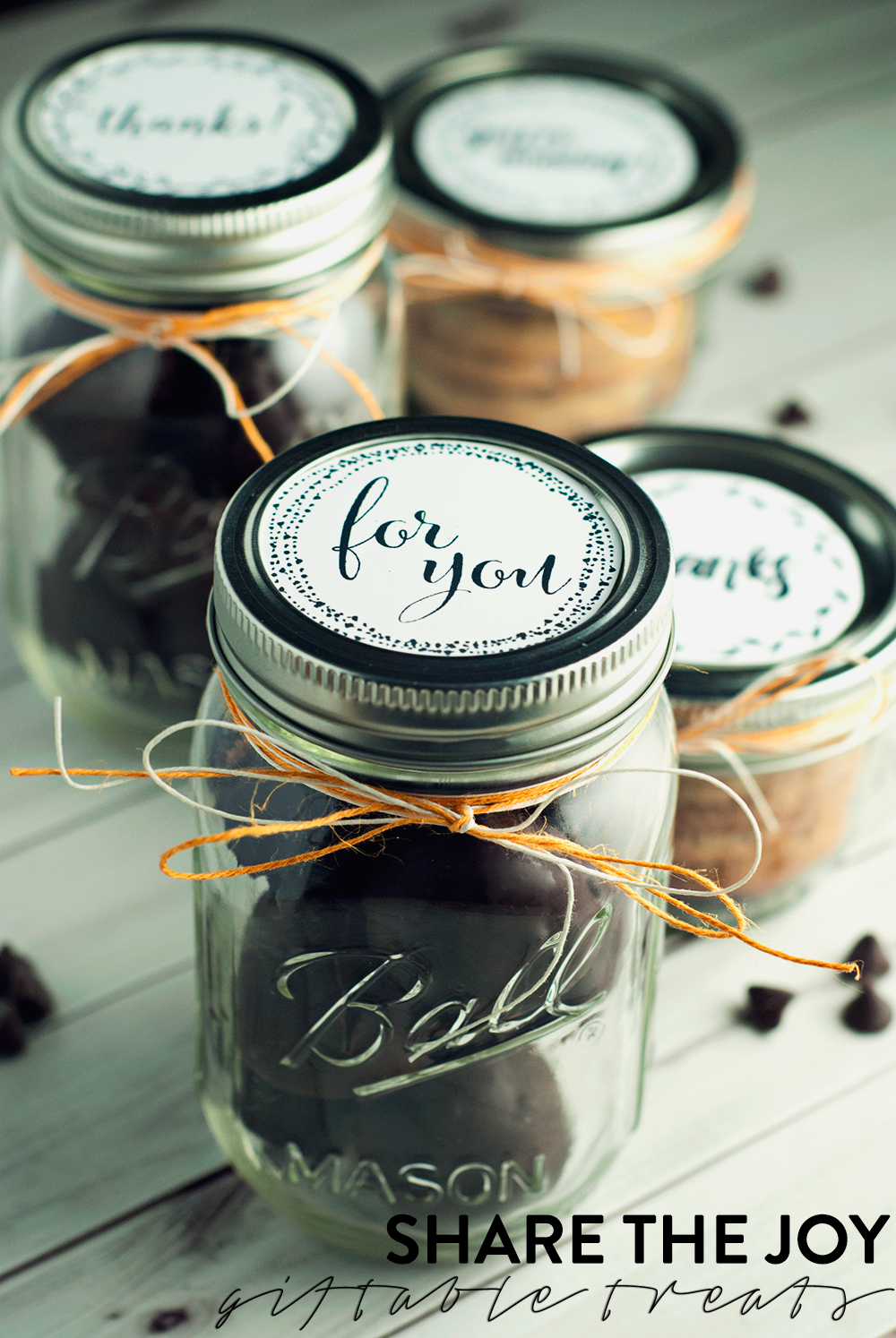 Share the Joy this season by sharing adorable giftable treats in mason jars! Get the recipe for these cookies and truffles, as well as printable rounds for mason jar lids!