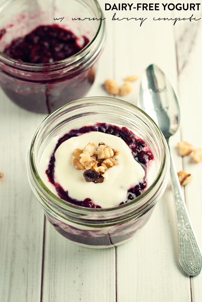Makeover your breakfast with this delicious dairy-free yogurt with warm berry compote! Sprinkle on some walnuts for crunch!