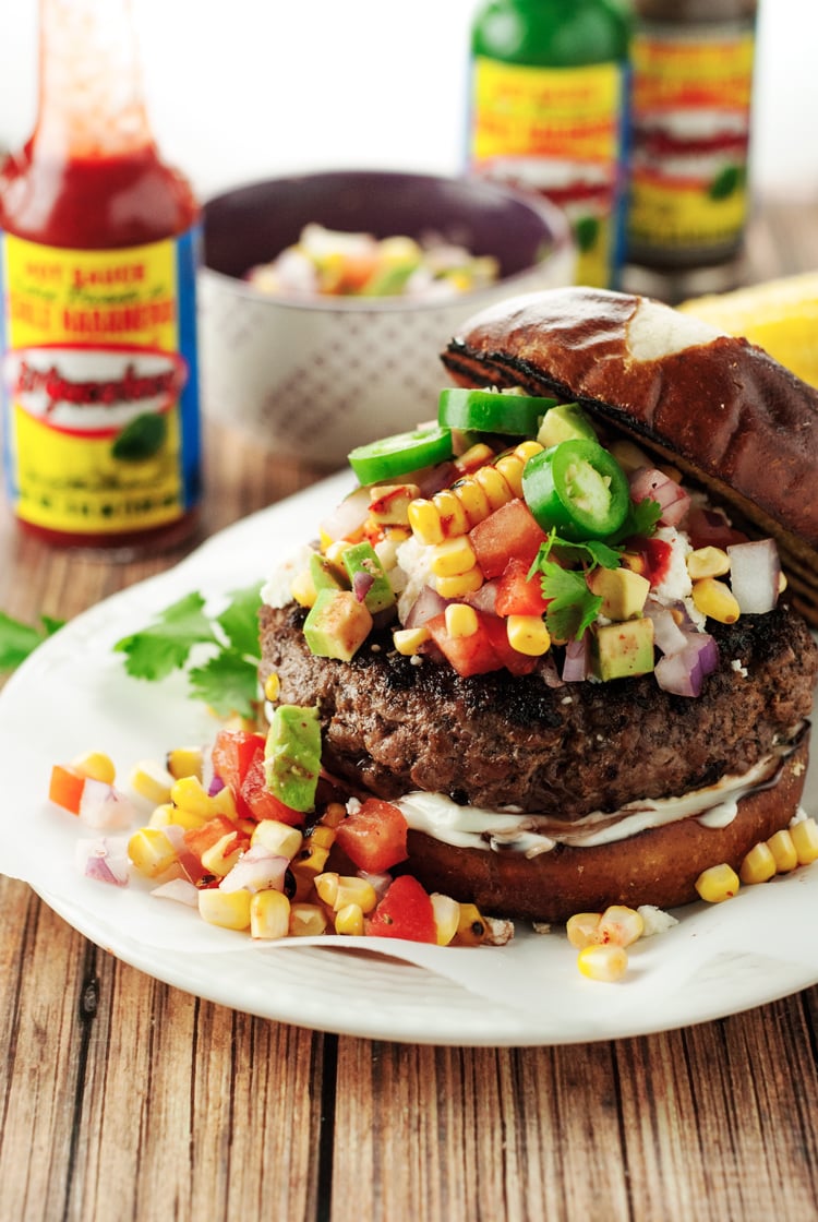 Tex Mex Burger with Avocado Corn Relish | asimplepantry.com