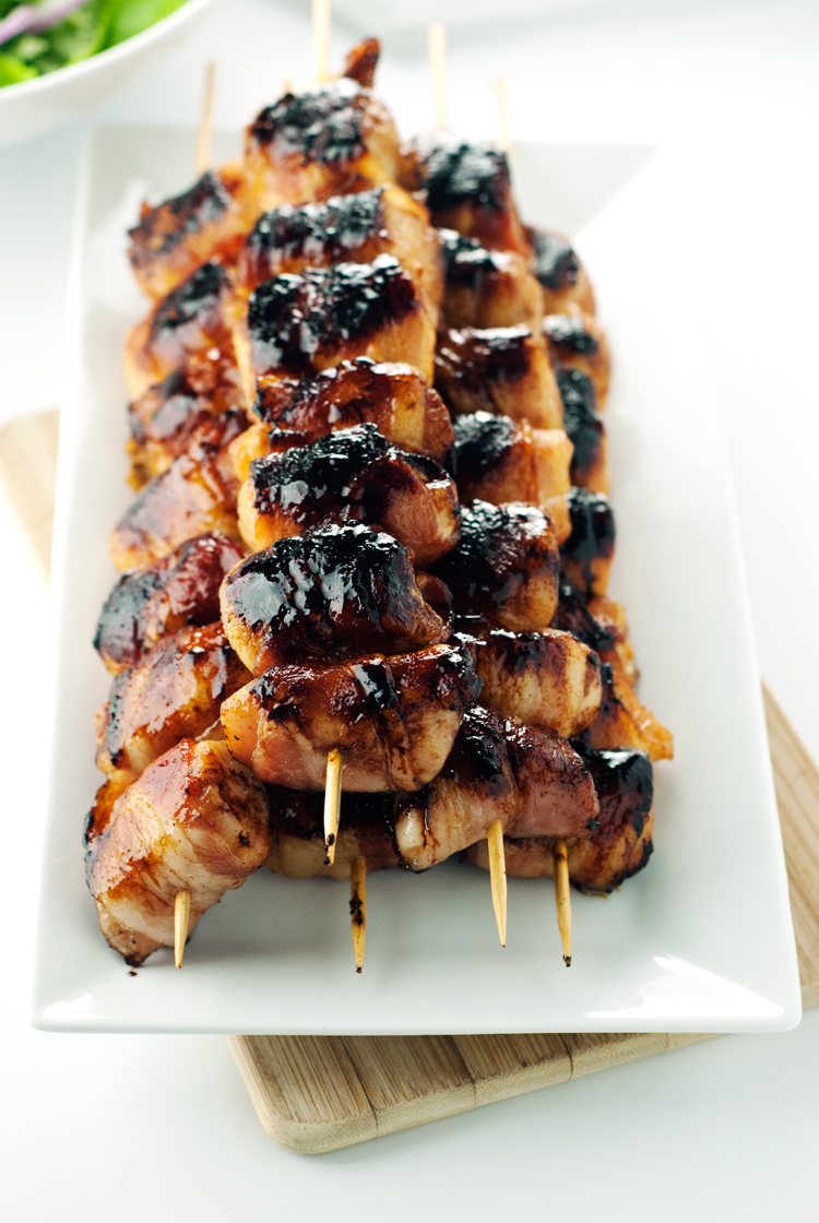 Sweet & Spicy Bacon Wrapped Chicken Skewers | asimplepantry.com