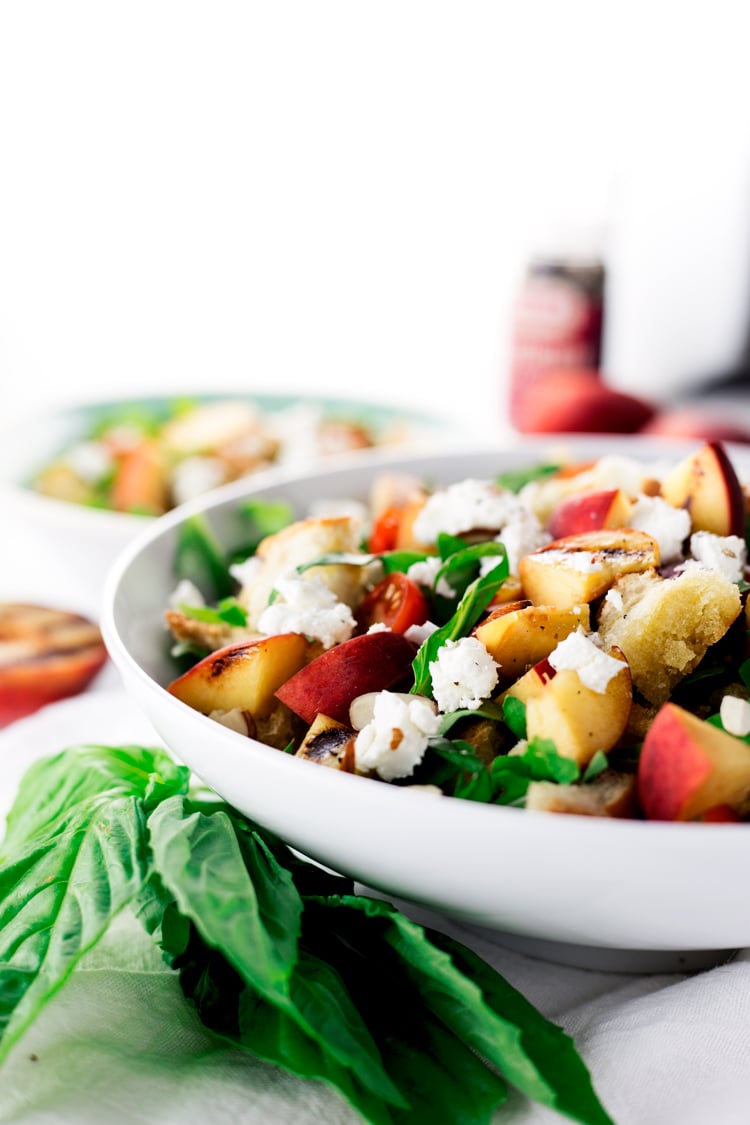 Put those fresh, in-season peaches to good use in this super simple, super flavorful, Grilled Peach Panzanella Salad! | asimplepantry.com
