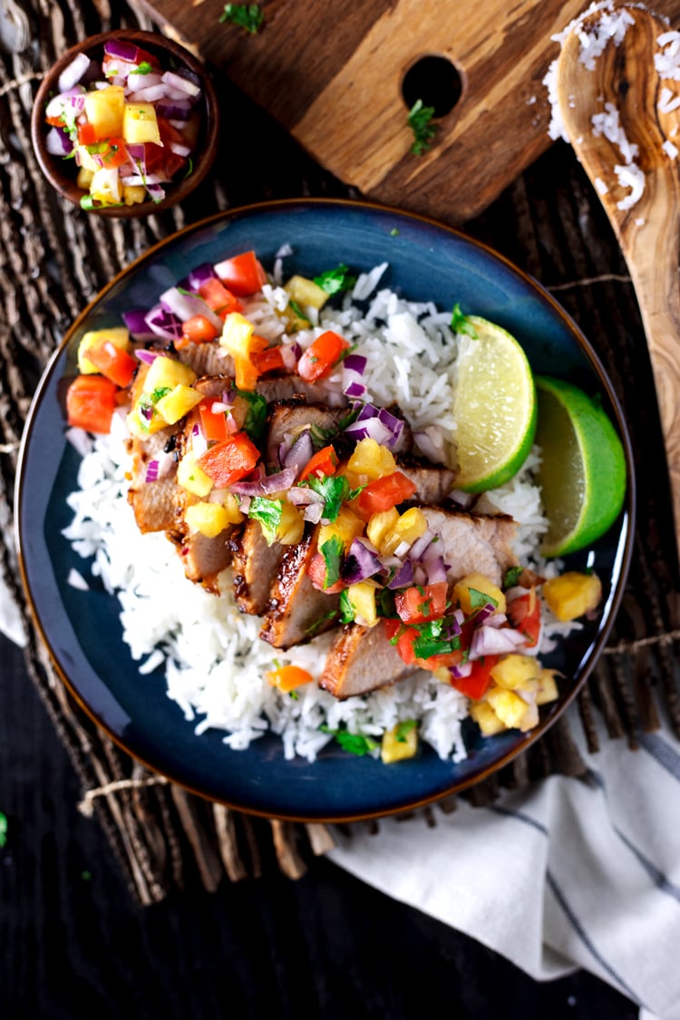 Dinner just got exotic with this amazing Teriyaki Pork with Pineapple Salsa! Dinner is on the table in just 30 minutes with this delish dish! | asimplepantry.com