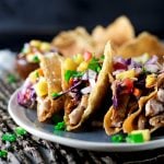 Put that leftover pork to good use in this super easy leftovers meal: Teriyaki Pork Wonton Tacos! Dinner is served in under 20 minutes! | asimplepantry.com