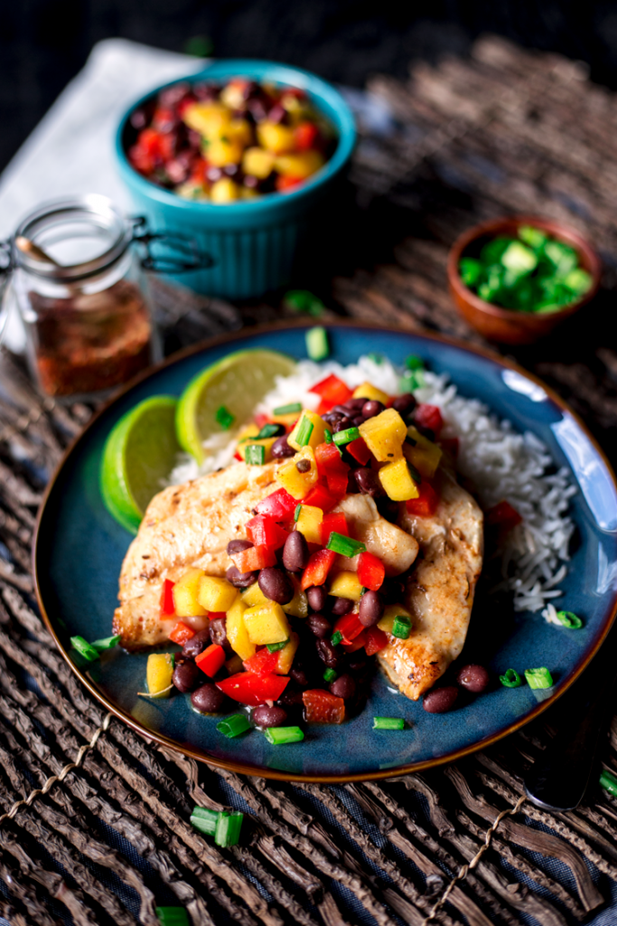 Spicy Salt and Lime Black Sea Bass with Mango and Black Bean Salad • A ...