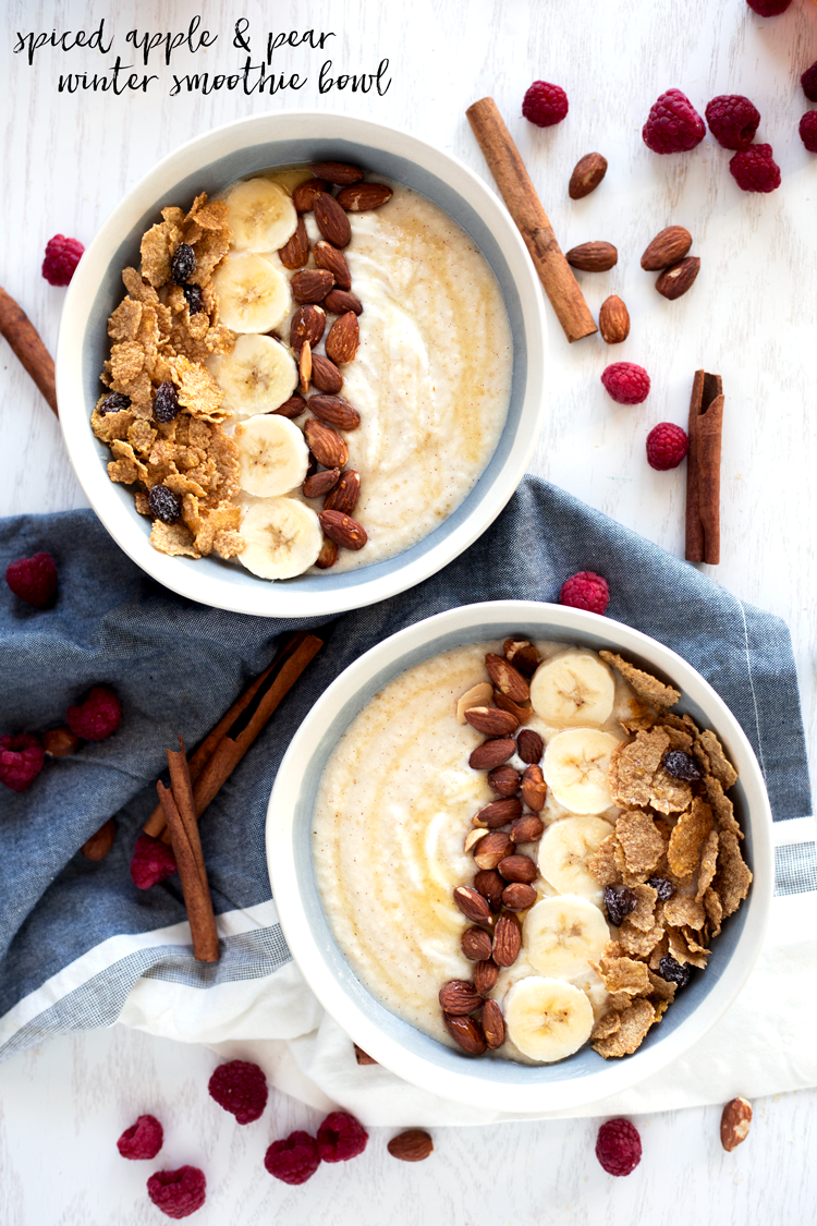 Whether you're aiming for healthy eating or not, this super simple spiced apple & pear winter smoothie bowl has you covered with nutritious goodness and flavor like you would not believe! Read in 5 minutes, breakfast is served! | asimplepantry.com