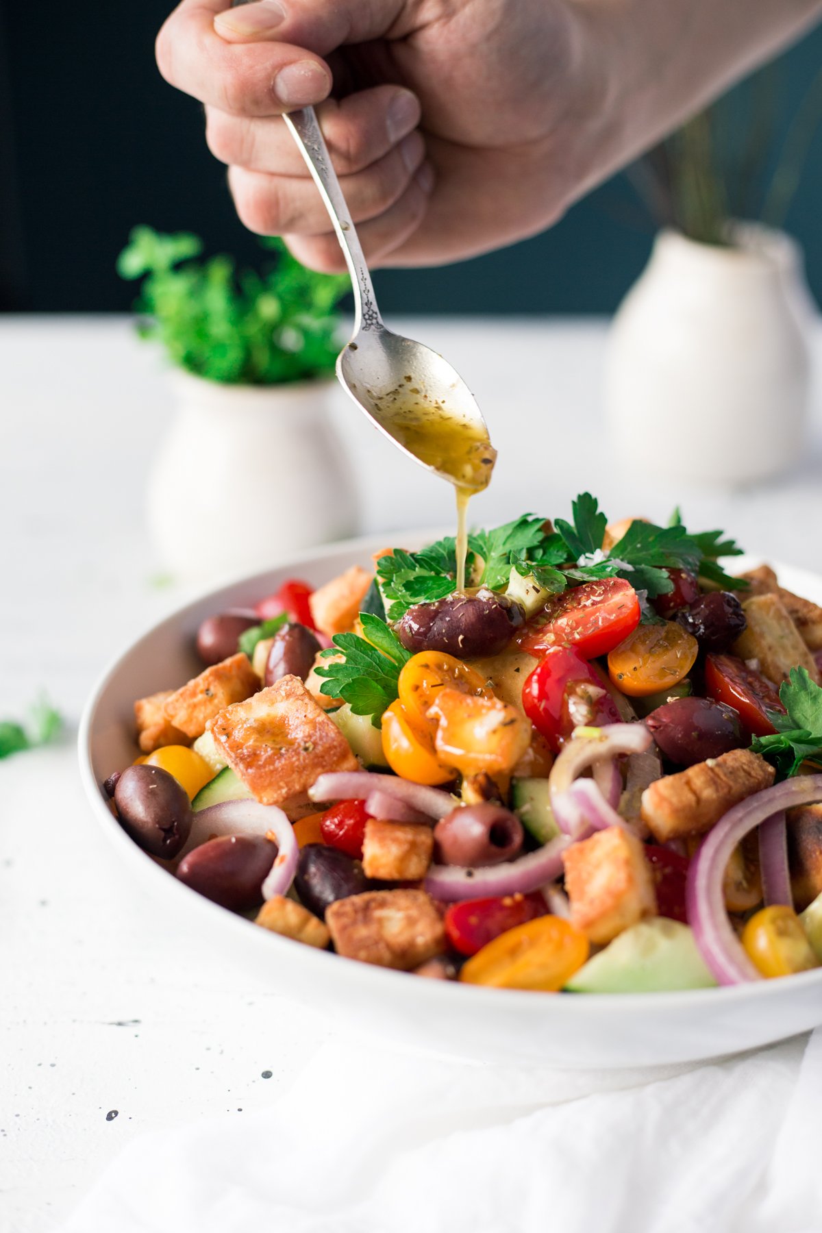 If you're looking for appetizer recipes, or just a damn good salad, this Simple Greek Panzanella with Saganaki is pure perfection! Ready to eat in 15 minutes! | asimplepantry.com