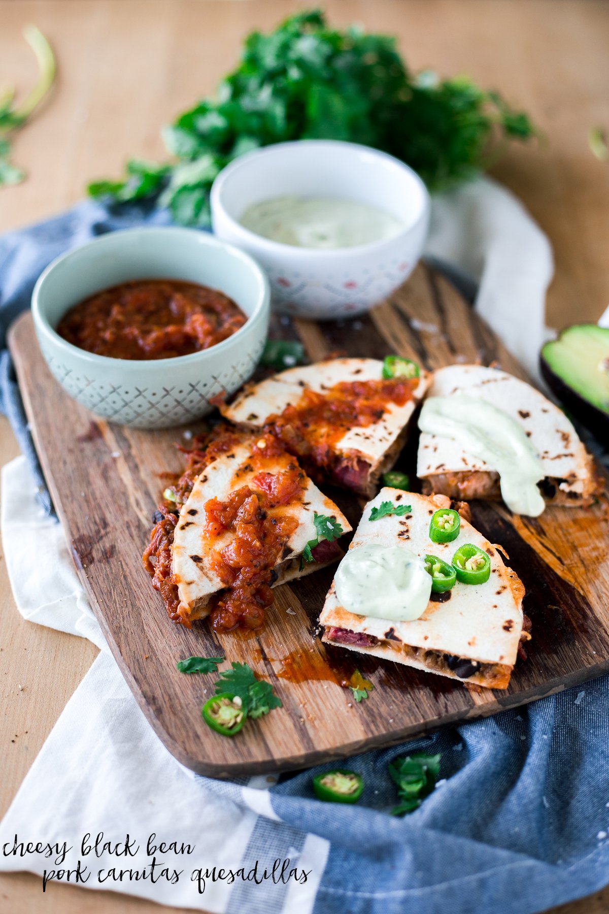 Look no further than these Cheesy Black Bean and Pork Carnitas Quesadillas if you're needing some easy Mexican recipes in your life! Dinner is served! | asimplepantry.com
