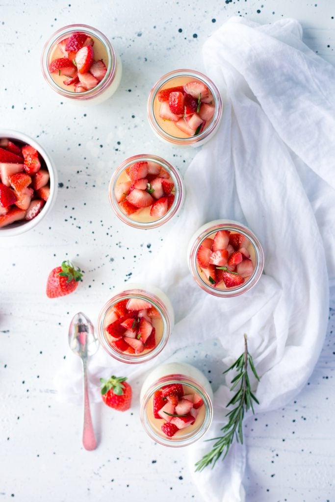 Creme Fraiche Panna Cotta with Rosemary Macerated Strawberries • A