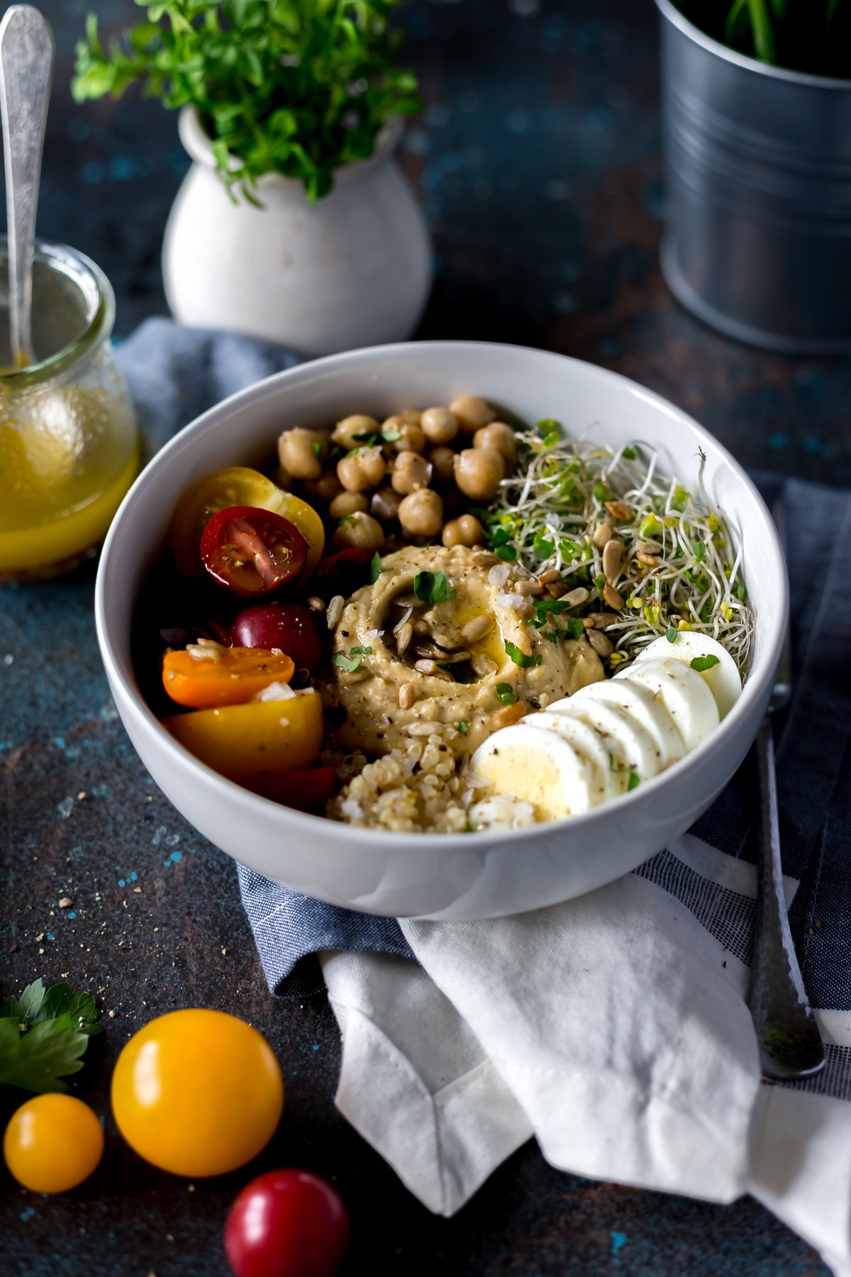Enjoy a hummus recipe easy enough to whip together in minutes! This flavorful quinoa hummus protein power bowl will leave you satisfied; breakfast, lunch, or dinner! | asimplepantry.com