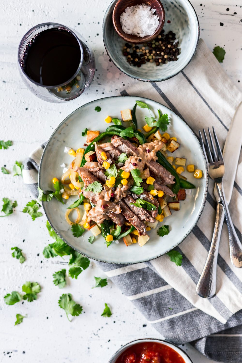 Get your summer grilling on with easy Mexican recipes like this Seared Steak with Corn, Poblano, and Roasted Potato Hash! Dinner is served. | asimplepantry.com