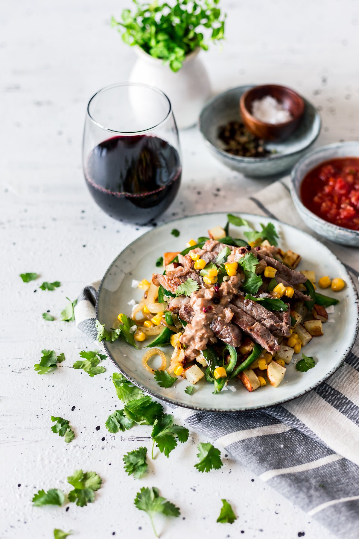 Get your summer grilling on with easy Mexican recipes like this Seared Steak with Corn, Poblano, and Roasted Potato Hash! Dinner is served. | asimplepantry.com