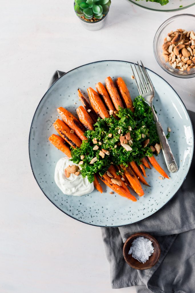 Roasted Carrots with Kale Salad and Homemade Za'atar Seasoning • A