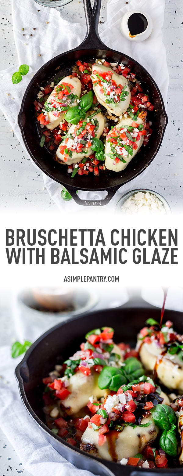 bruschetta chicken with balsamic glaze in a cast iron skillet