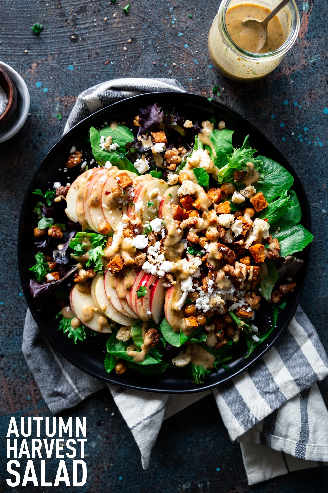 a pinterest pinnable image of autumn harvest salad with creamy date vinaigrette.