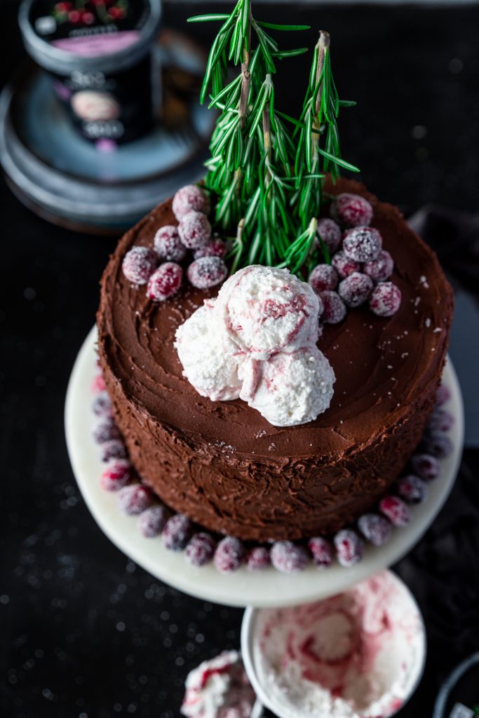 Double Chocolate Tree Stump Cake with Sugared Cranberries • A Simple Pantry