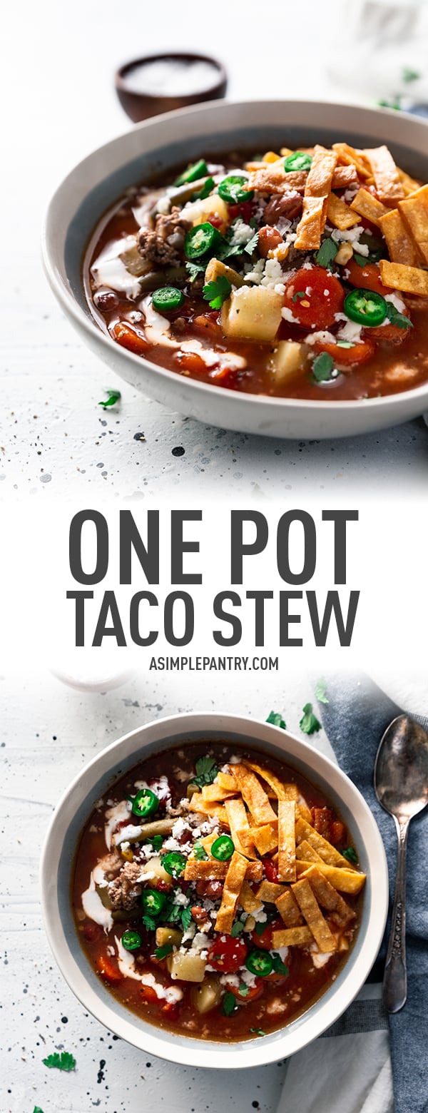 overhead view of a large pot of easy one pot taco stew with visible piles of beans, green beans, carrots, and corn.