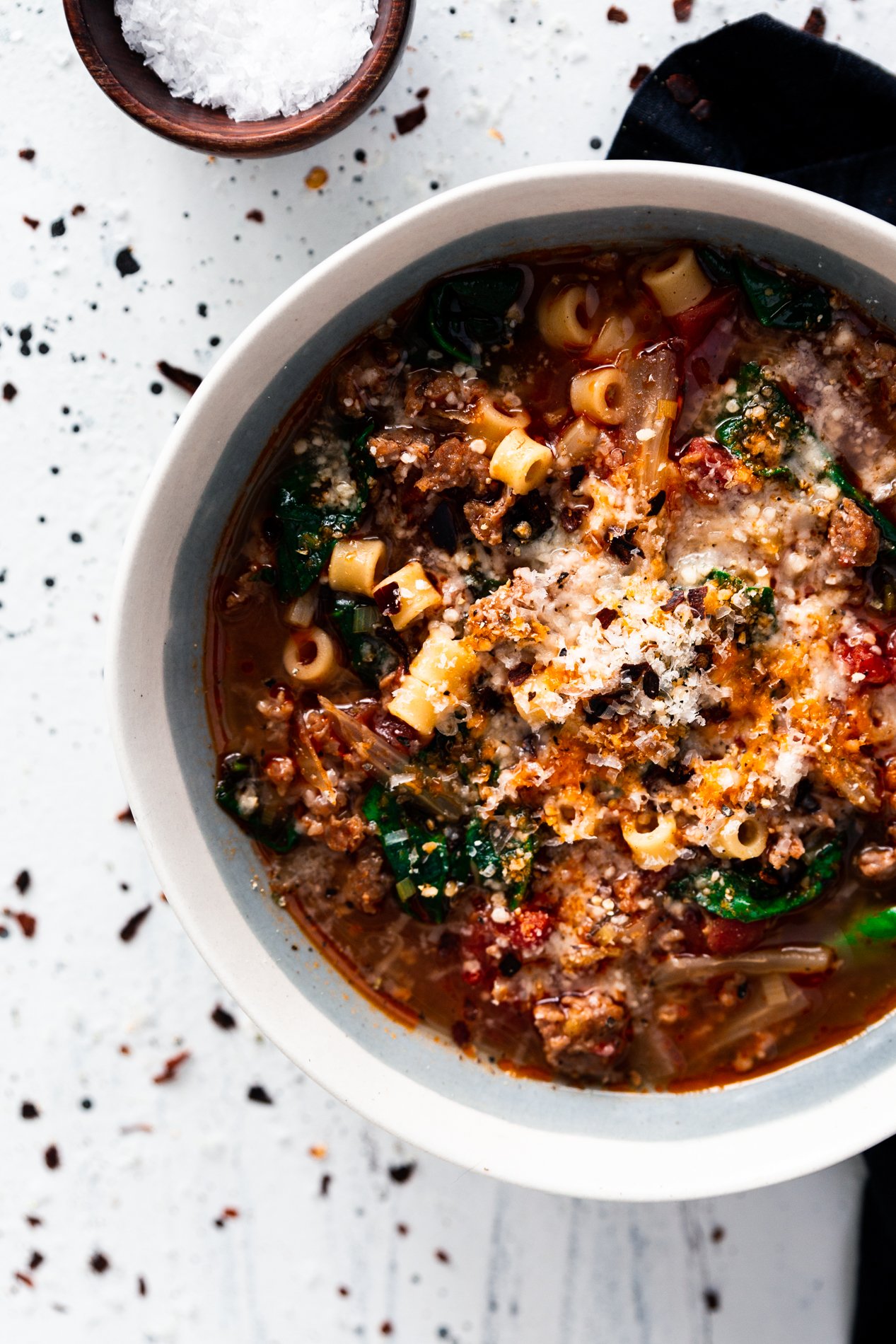 From Minneapolis food blogger A Simple Pantry, this Italian Sausage Soup with Spinach, Pasta, and Caramelized Fennel comes together in under an hour, a perfect weeknight dinner! Simmered in a tomato-laden broth and finished with ditalini pasta and fresh baby spinach! Top with parmesan and enjoy! | asimplepantry.com