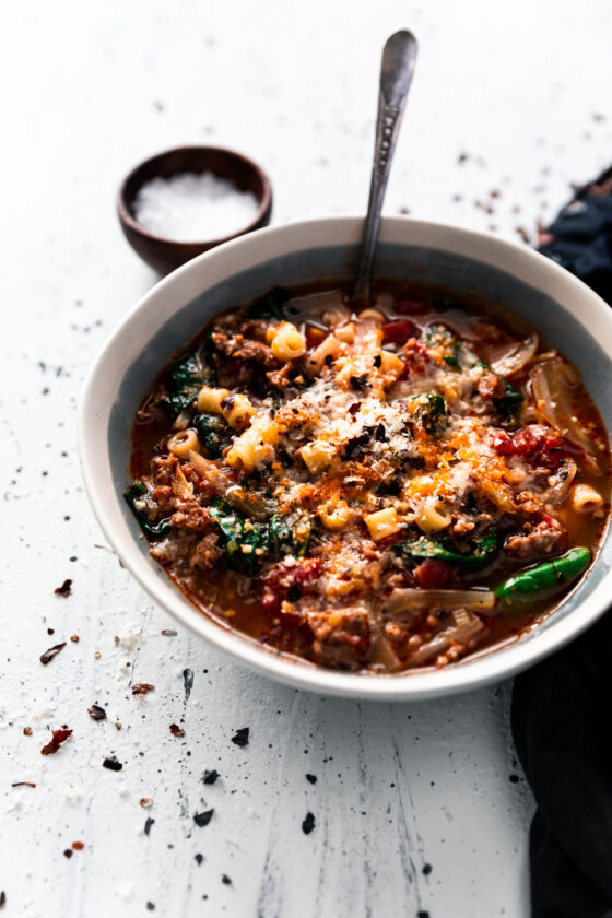 Italian Sausage Soup with Spinach, Pasta, and Caramelized Fennel