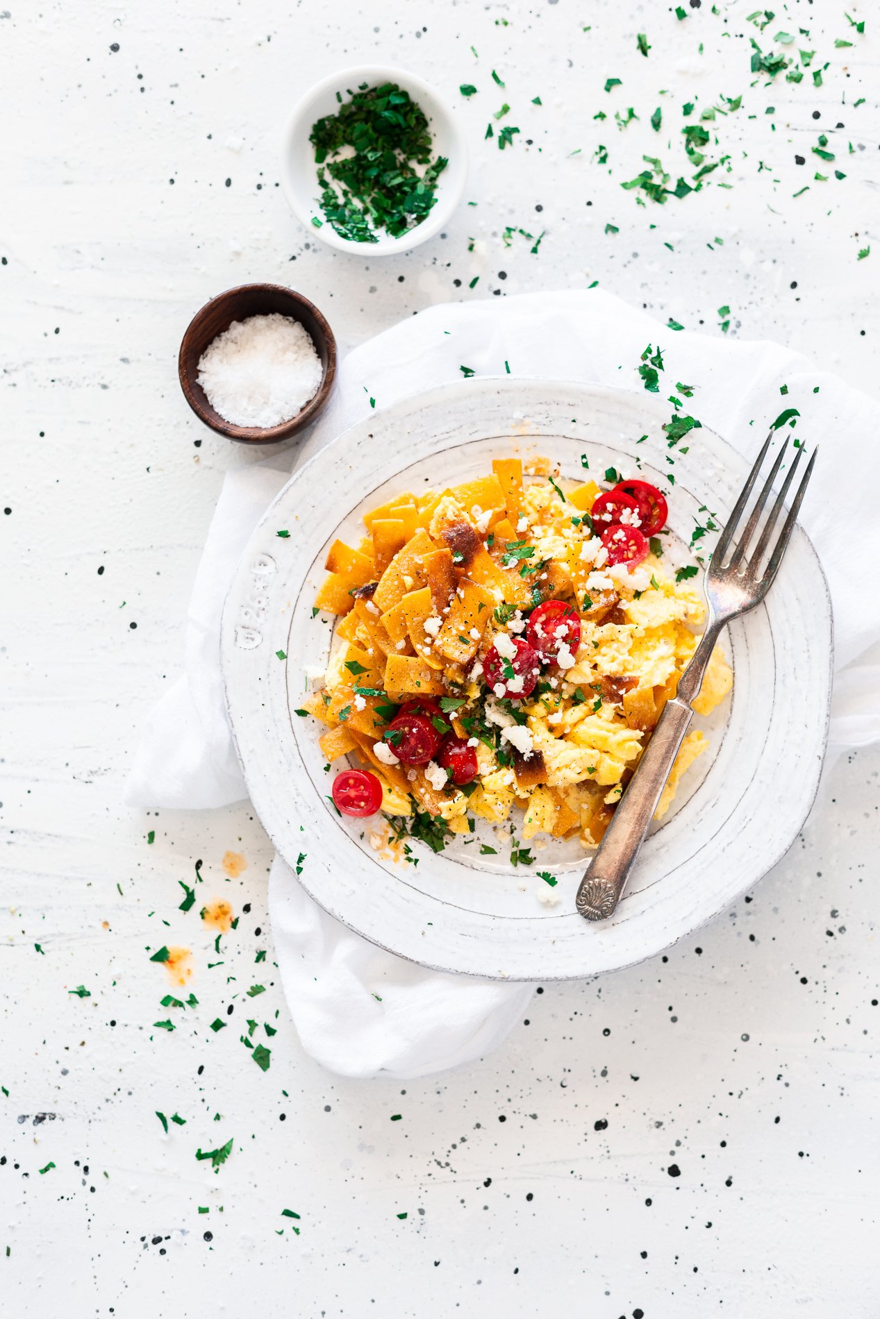 overhead view of a plate of mexican migas recipe from minnesota food blogger asimplepantry