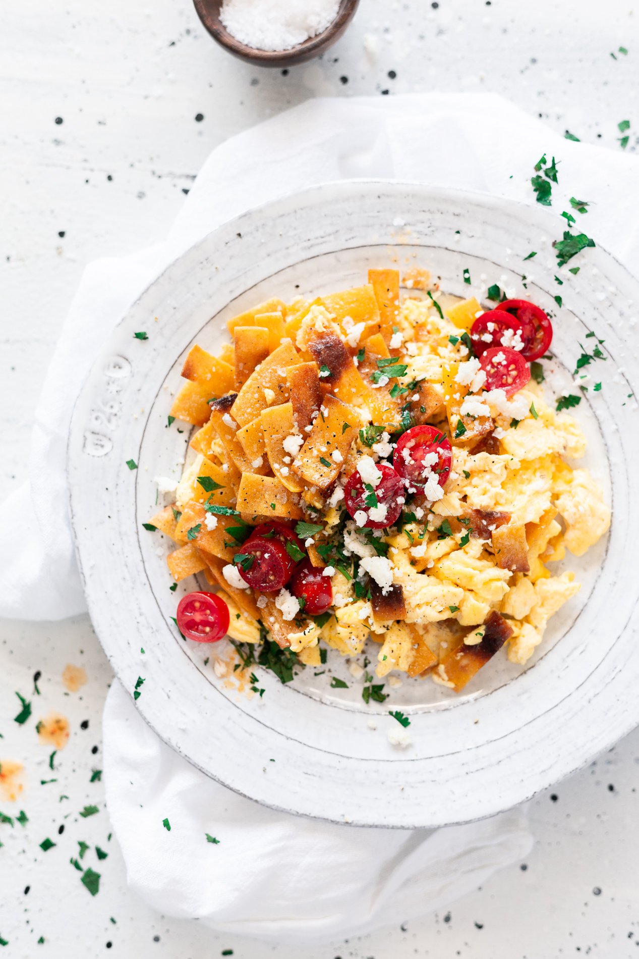 overhead view of a plate of mexican migas recipe from minnesota food blogger asimplepantry