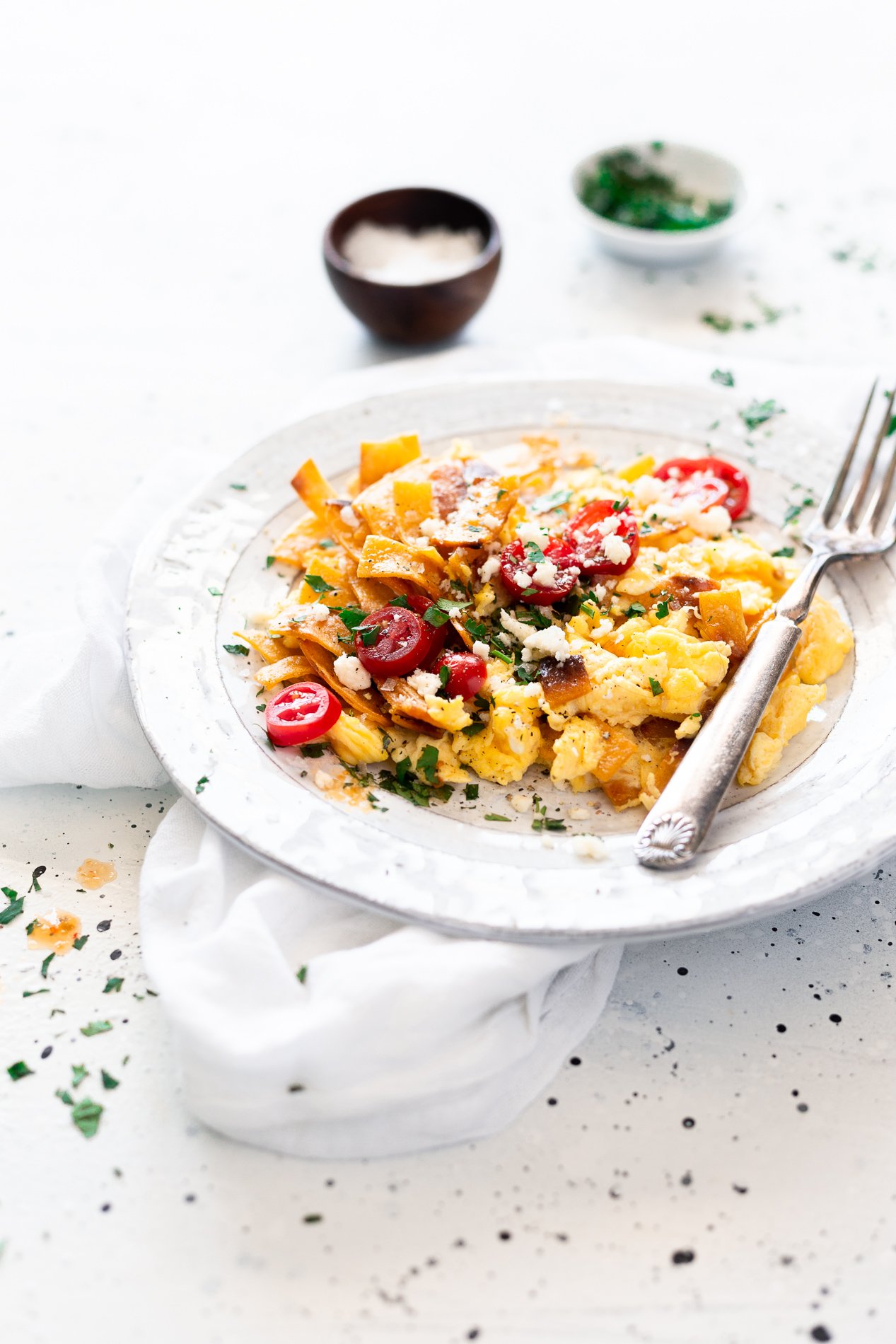 side view of a plate of mexican migas recipe from minnesota food blogger asimplepantry
