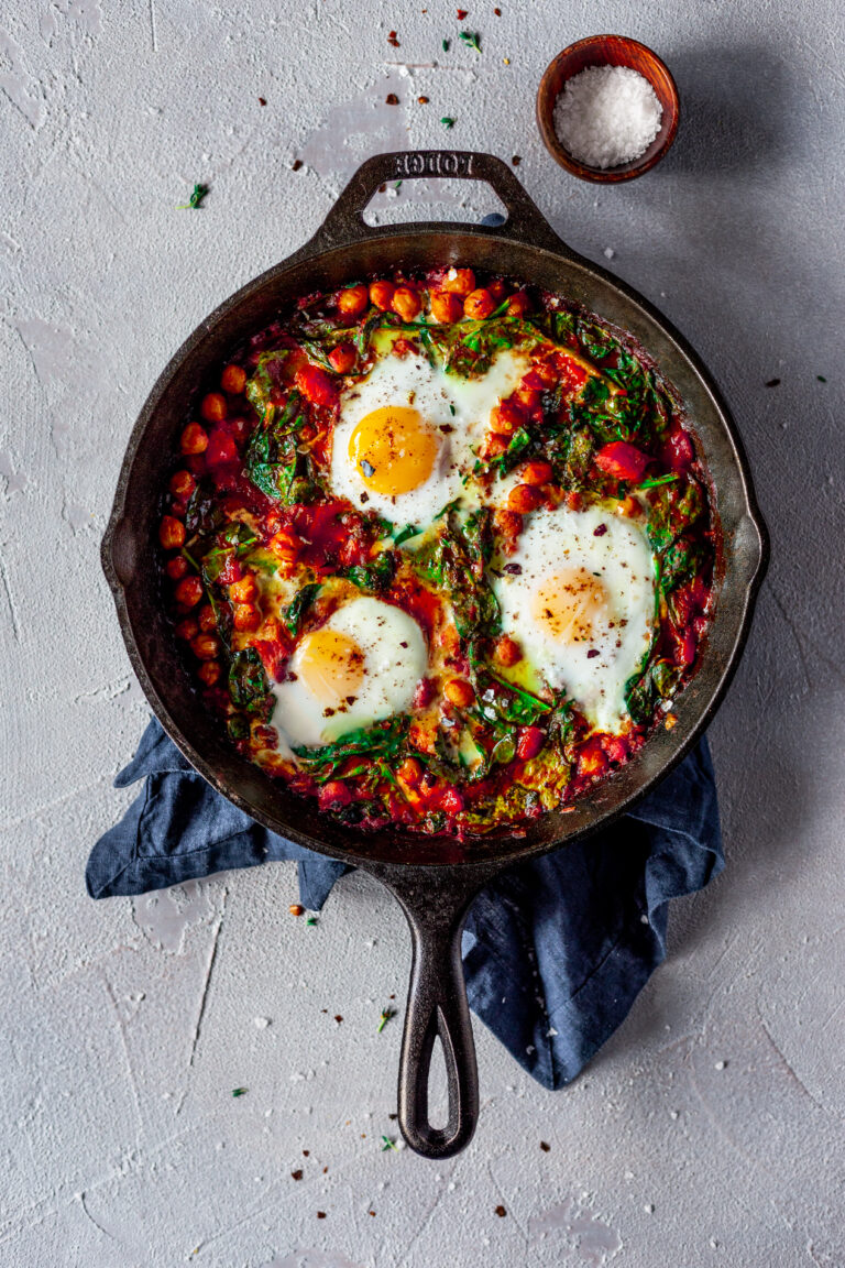 Harissa Baked Eggs Recipe with Chickpeas, Spinach, and Sumac • A Simple ...