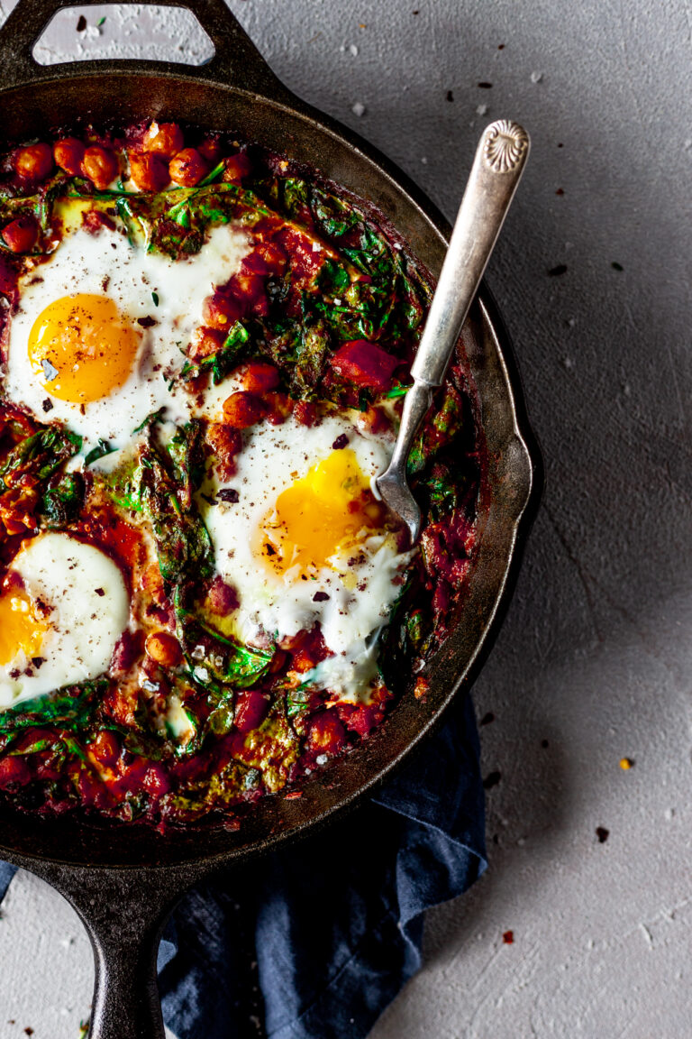 Harissa Baked Eggs Recipe With Chickpeas Spinach And Sumac • A Simple