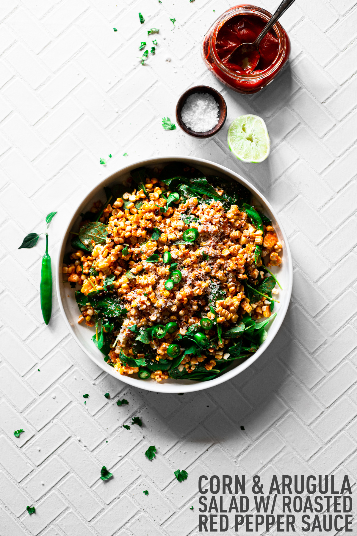 Corn and Arugula Salad Recipe with Roasted Red Pepper Sauce • A Simple ...