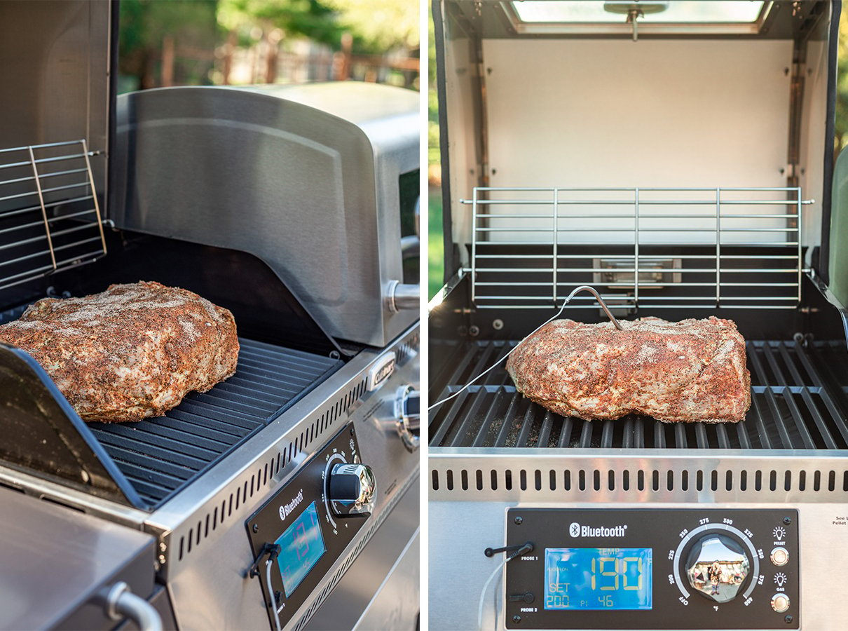 raw pork shoulder on pellet grill grates, and with meat probe inserted