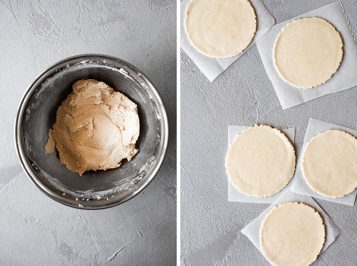 two images, one of edible cookie dough in a bowl, and one of edible cookie dough tortillas on wax paper