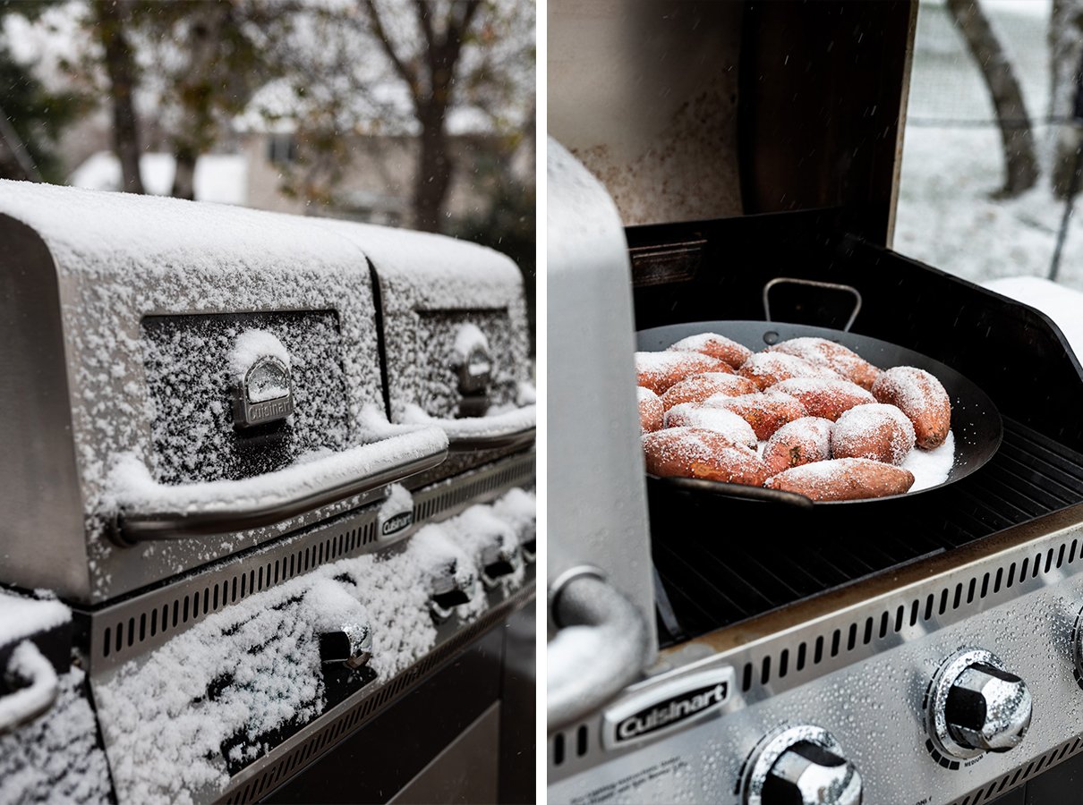 two images: cuisinart twin oaks grill in the snow, salt roasted sweet potatoes on the gas grill